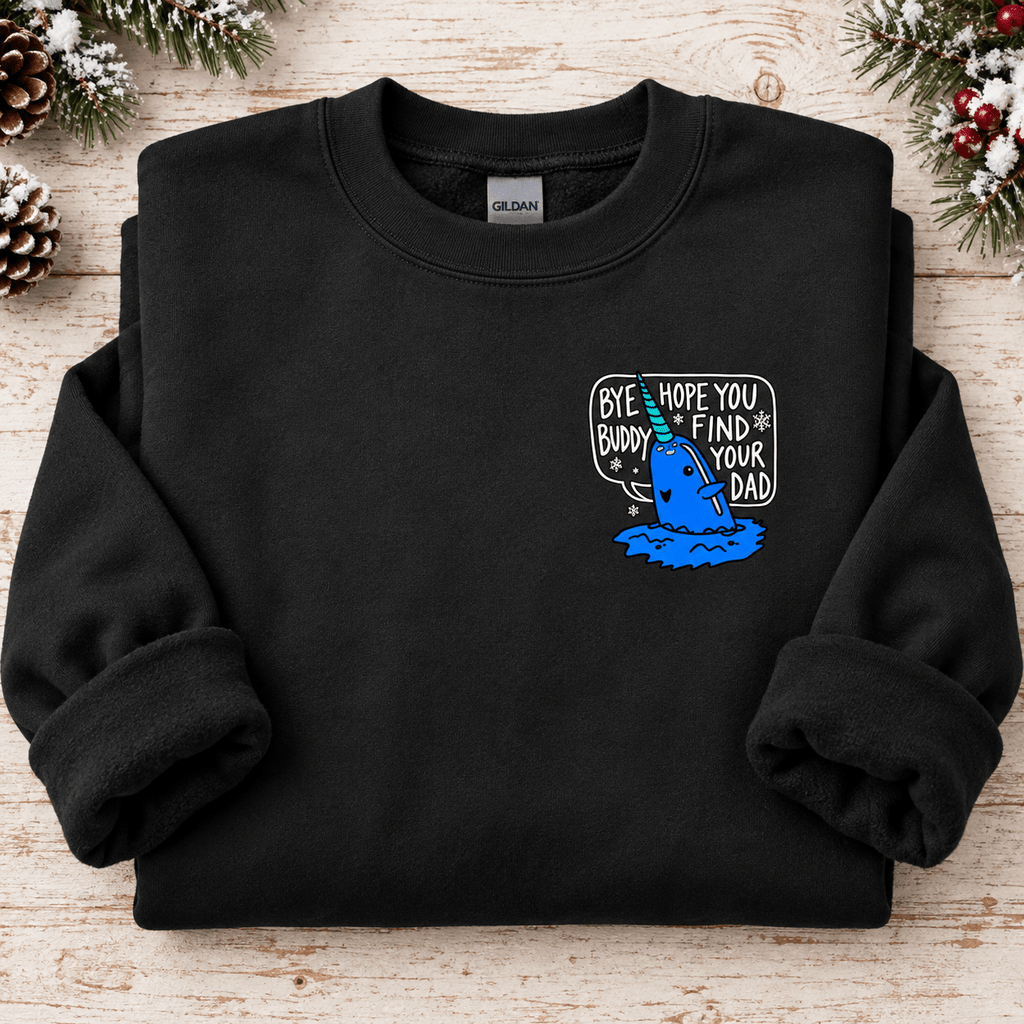 Black Bye Buddy narwhal crewneck sweatshirt folded with rolled sleeves