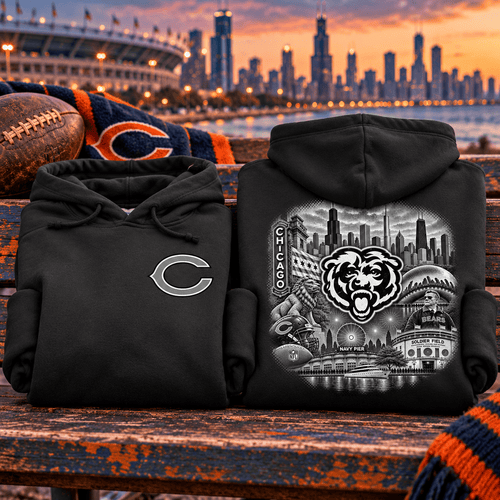 Chicago Bears Black & White Collage Hoodie — folded product with design-related background