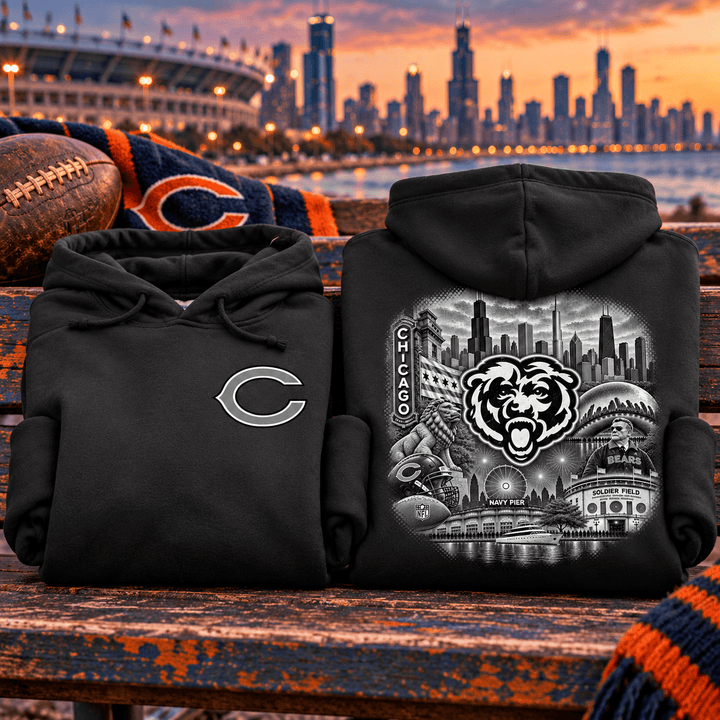 Chicago Bears Black & White Collage Hoodie — folded product with design-related background