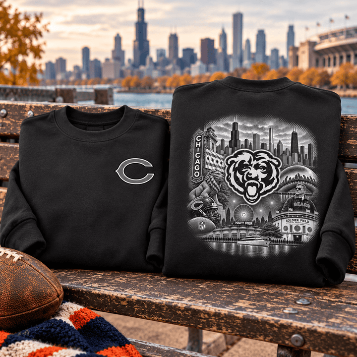 Chicago Bears Black & White Crewneck Sweatshirt — folded product with design-related background