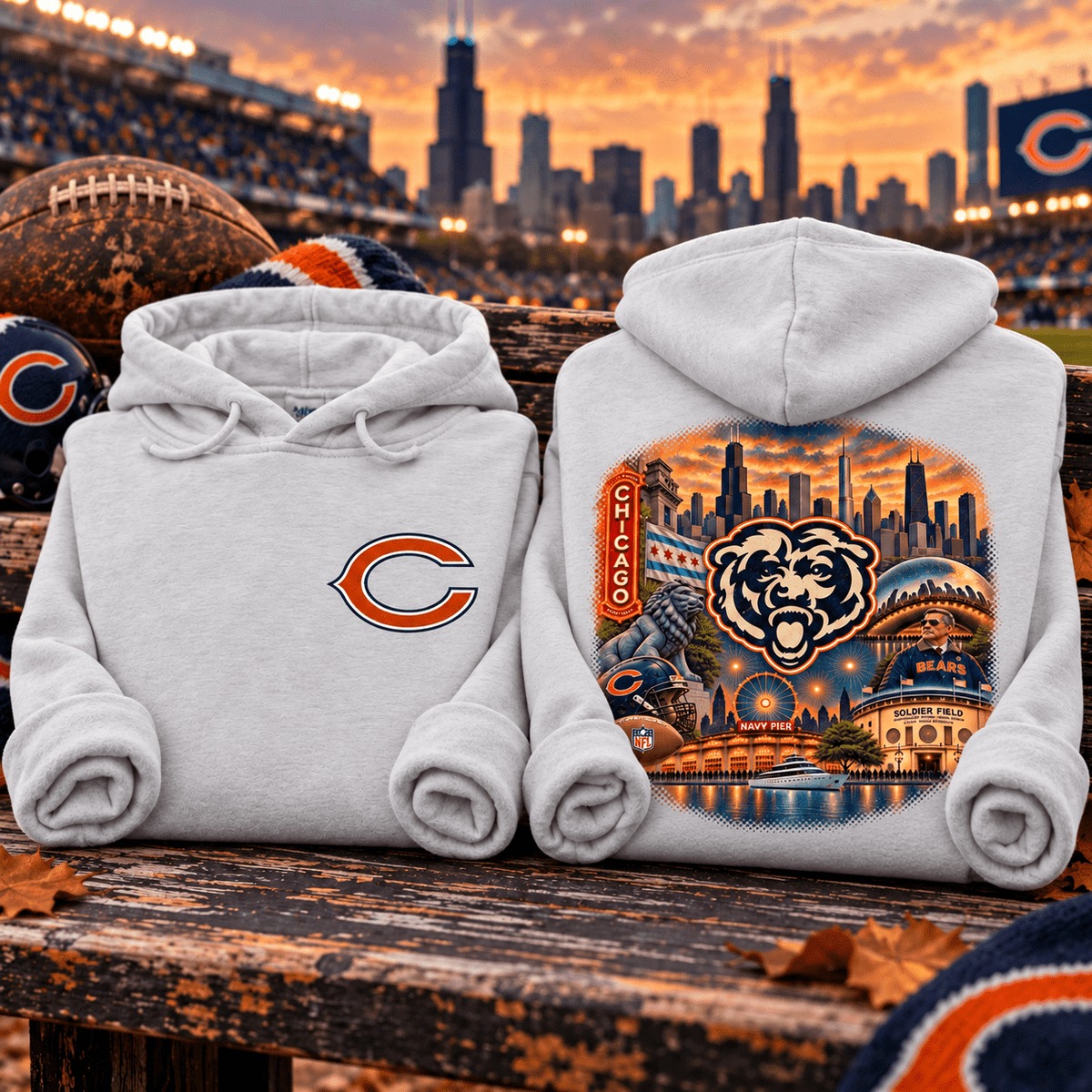 Chicago Bears Full Color Collage Hoodie — folded product with design-related background