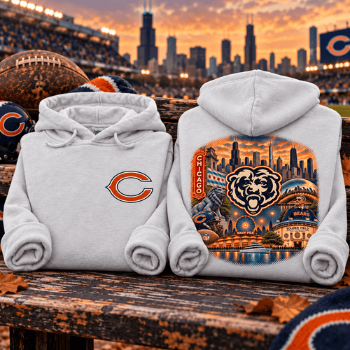 Chicago Bears Full Color Collage Hoodie — folded product with design-related background