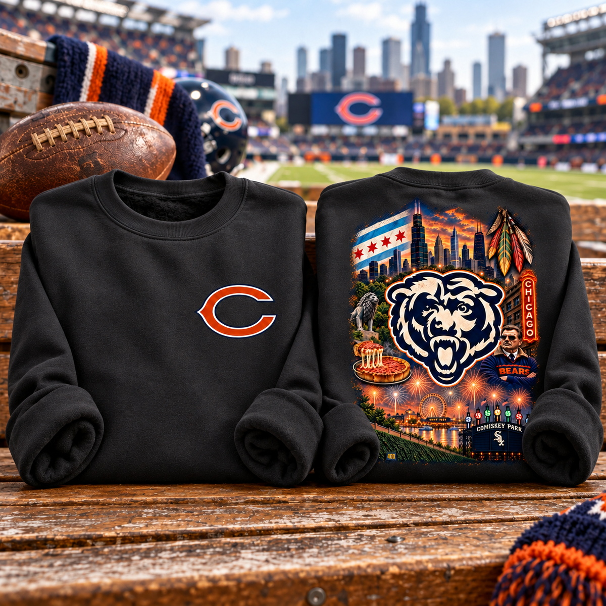 Chicago Bears Full Color Crewneck Sweatshirt — folded product with design-related background