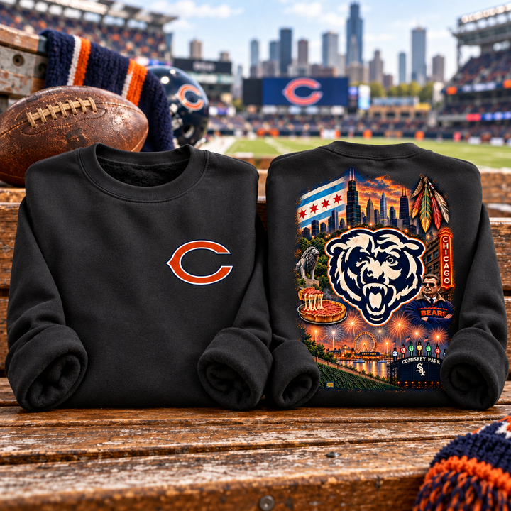 Chicago Bears Full Color Crewneck Sweatshirt — folded product with design-related background