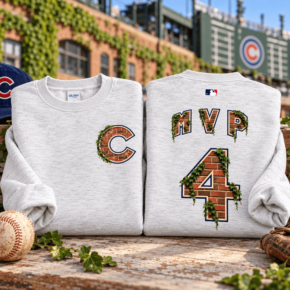 Chicago Cubs MVP #4 Crewneck Sweatshirt — folded Ash with rolled sleeves and themed background