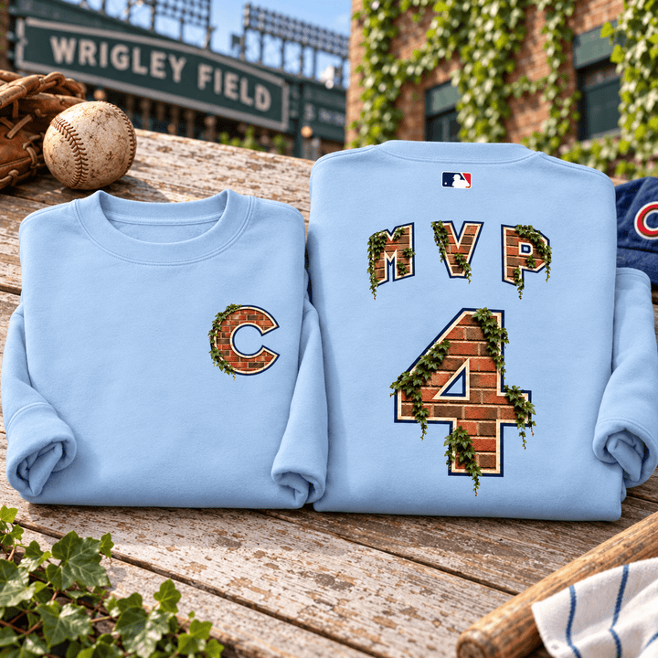 Chicago Cubs MVP #4 Crewneck Sweatshirt — folded product with design-related background