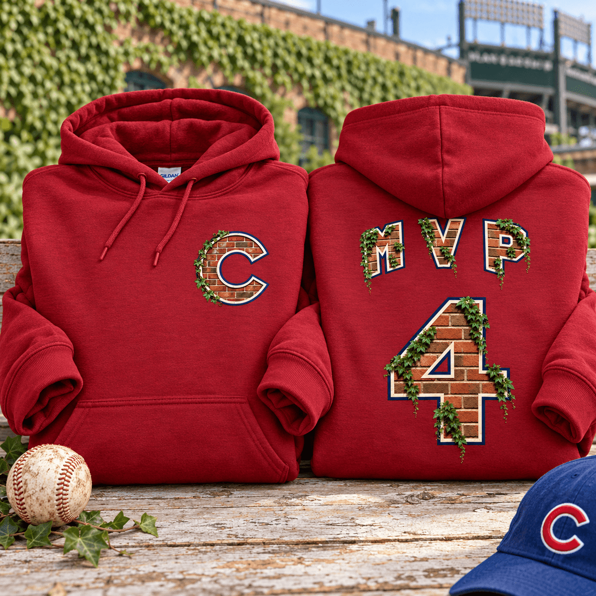 Chicago Cubs MVP #4 Hoodie — folded Antique Cherry Red with rolled sleeves and themed background