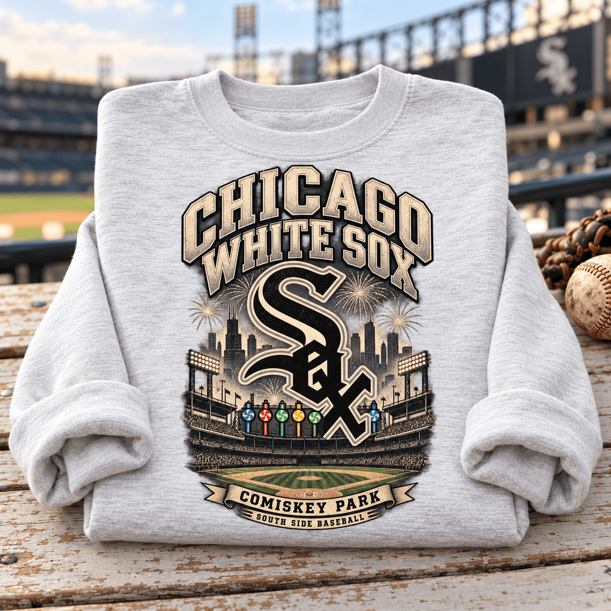 Chicago White Sox 90s Vibe Crewneck Sweatshirt — folded product with design-related background