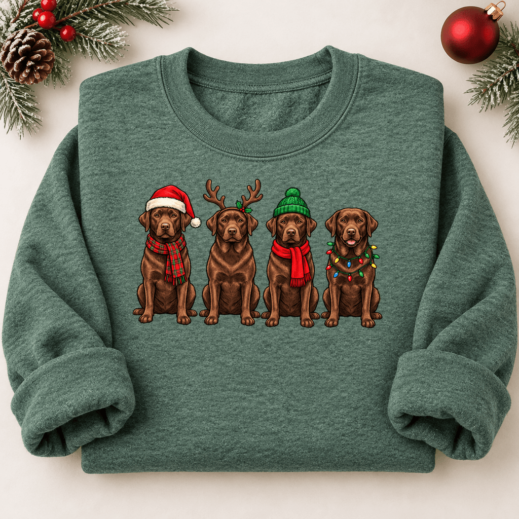 Folded heather green Chocolate Lab Christmas crewneck sweatshirt with rolled sleeves and four festive Labrador dogs