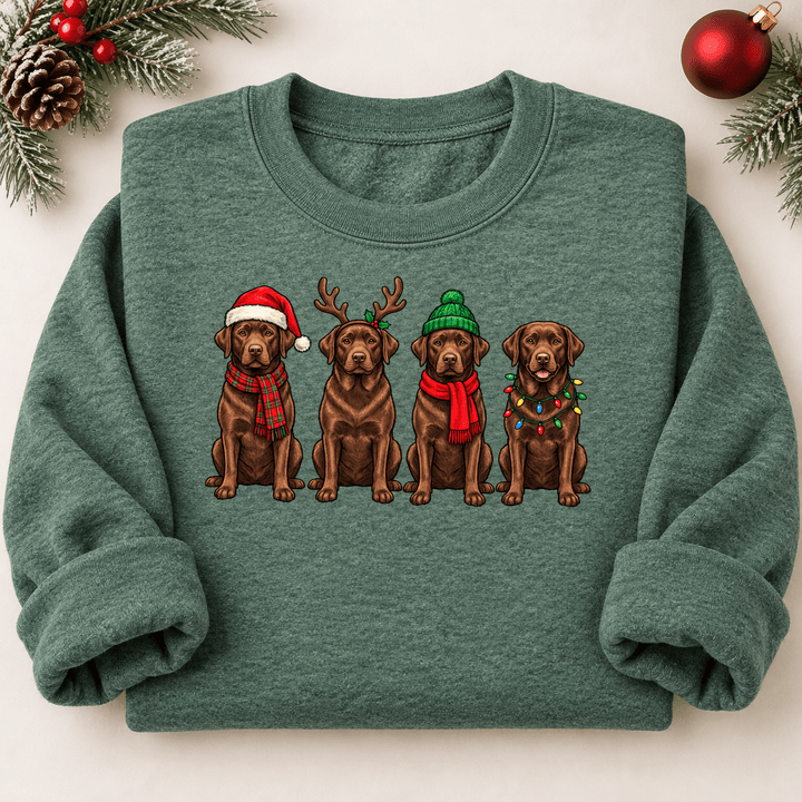 Folded heather green Chocolate Lab Christmas crewneck sweatshirt with rolled sleeves and four festive Labrador dogs