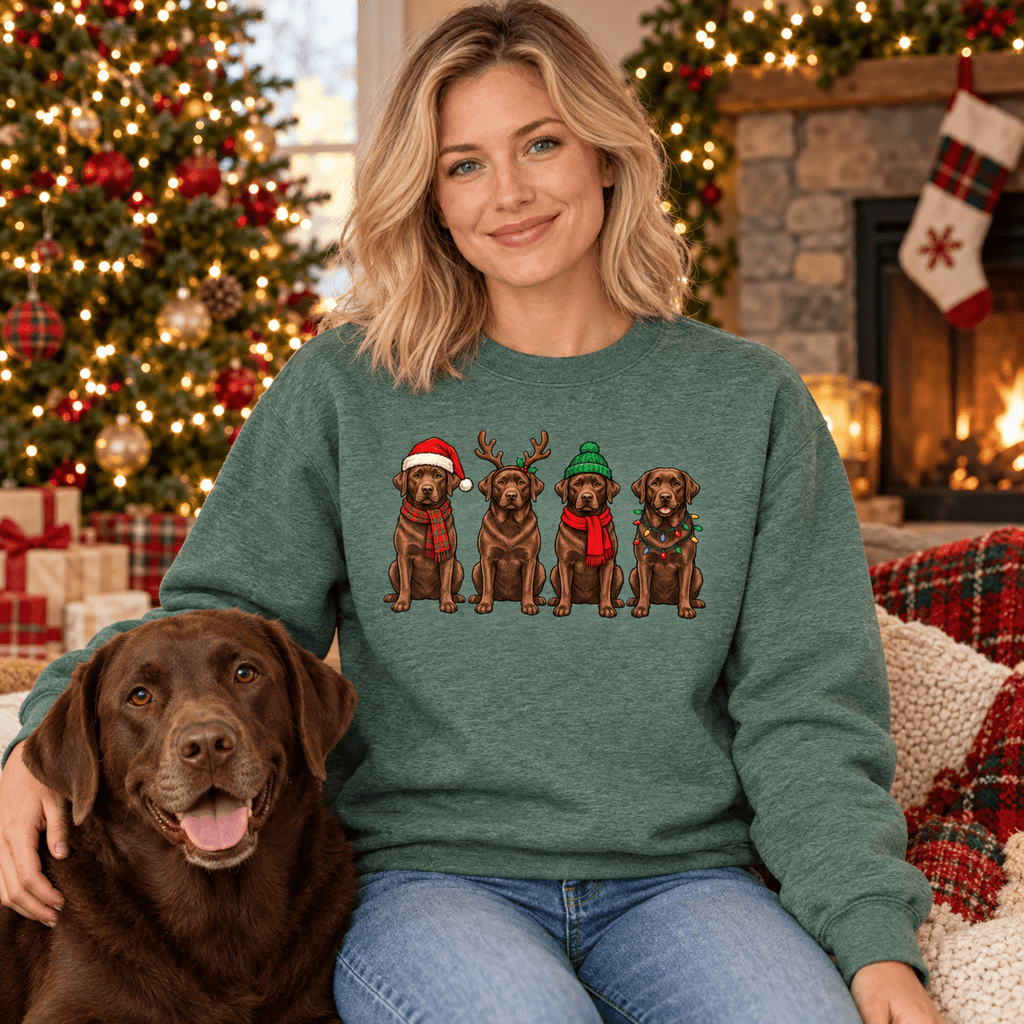 Woman wearing heather green Chocolate Lab Christmas sweatshirt beside a chocolate Labrador in a Christmas living room