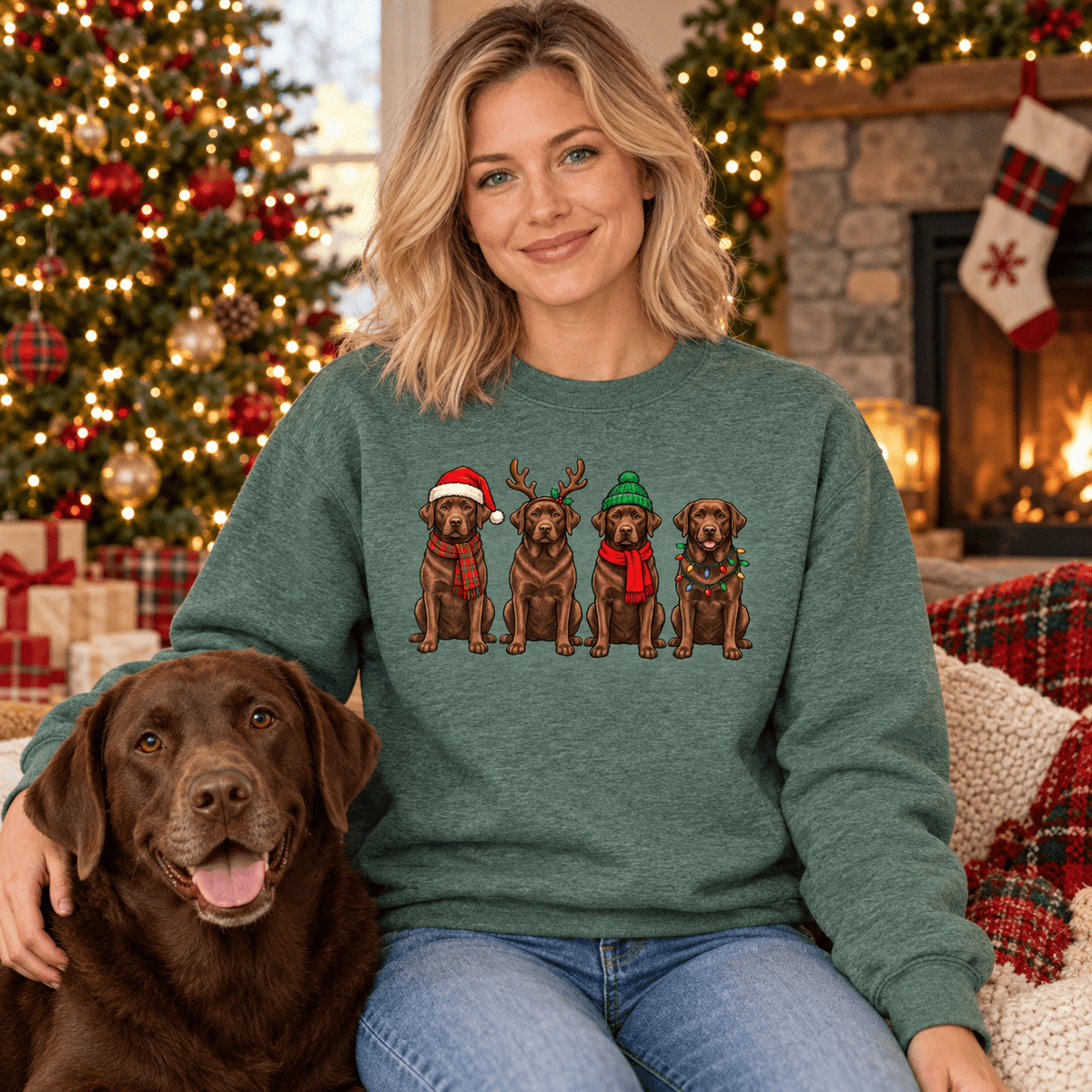 Woman wearing heather green Chocolate Lab Christmas sweatshirt beside a chocolate Labrador in a Christmas living room