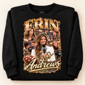 Black Erin Andrews Sweater folded with rolled sleeves, latest print size