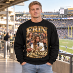 Short-haired blonde male model wearing black Erin Andrews Sweater, latest print size