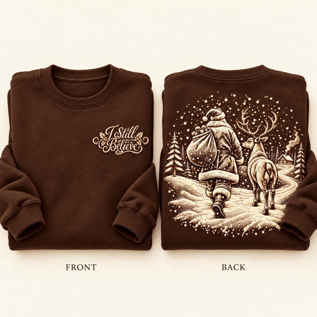 I Believe Christmas Sweater in Dark Chocolate, folded front and back with rolled sleeves and vintage Santa and reindeer artwork