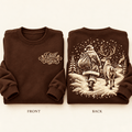 I Believe Christmas Sweater in Dark Chocolate, folded front and back with rolled sleeves and vintage Santa and reindeer artwork