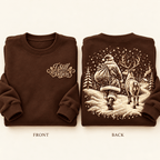 I Believe Christmas Sweater in Dark Chocolate, folded front and back with rolled sleeves and vintage Santa and reindeer artwork