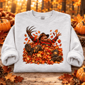 Freddy in Fall Halloween Crewneck Sweatshirt — folded Ash with rolled sleeves and themed background