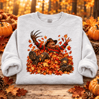 Freddy in Fall Halloween Crewneck Sweatshirt — folded Ash with rolled sleeves and themed background