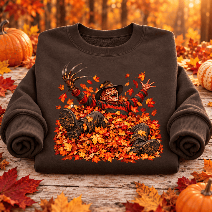 Freddy in Fall Halloween Crewneck Sweatshirt — folded product with design-related background