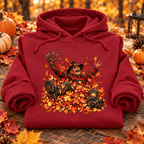 Freddy in Fall Halloween Hoodie — folded Antique Cherry Red with rolled sleeves and themed background