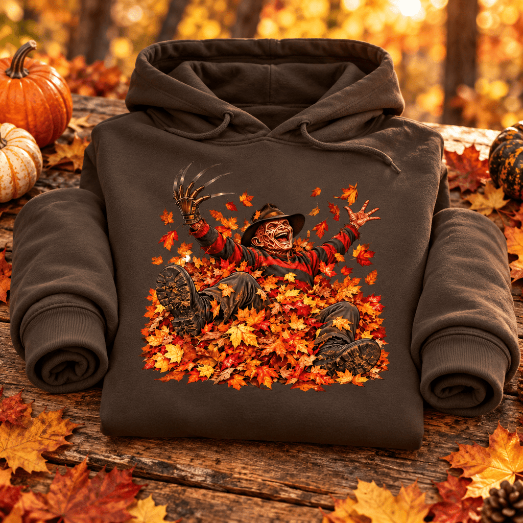 Freddy in Fall Halloween Hoodie — folded product with design-related background
