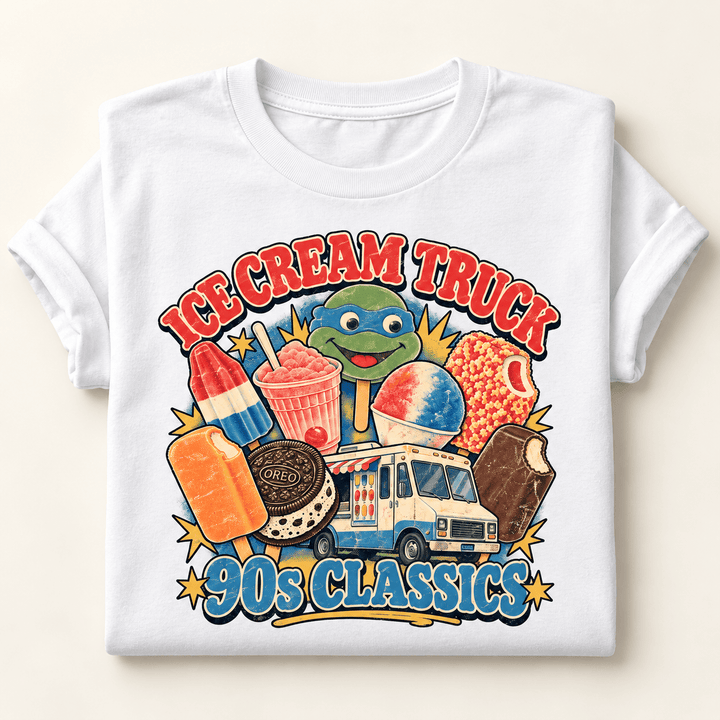 White Ice Cream Truck T Shirt folded with rolled sleeves — vintage 90s ice cream collage