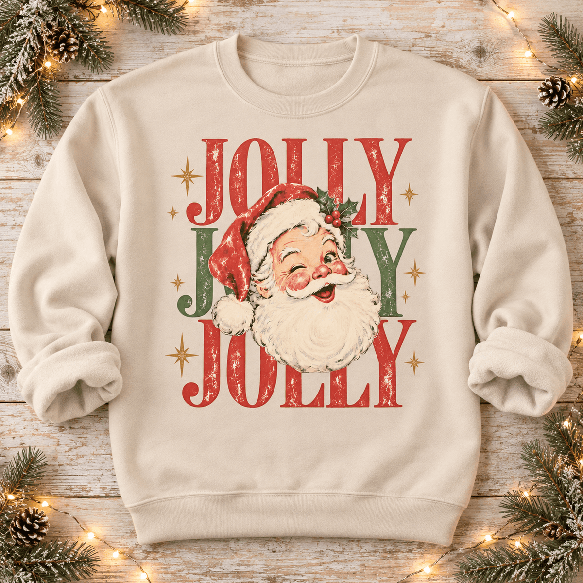 Sand Jolly Santa vintage Christmas sweater folded with rolled sleeves