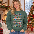 Model wearing Last Christmas 2 Heather Dark Green sweatshirt beside a Christmas tree