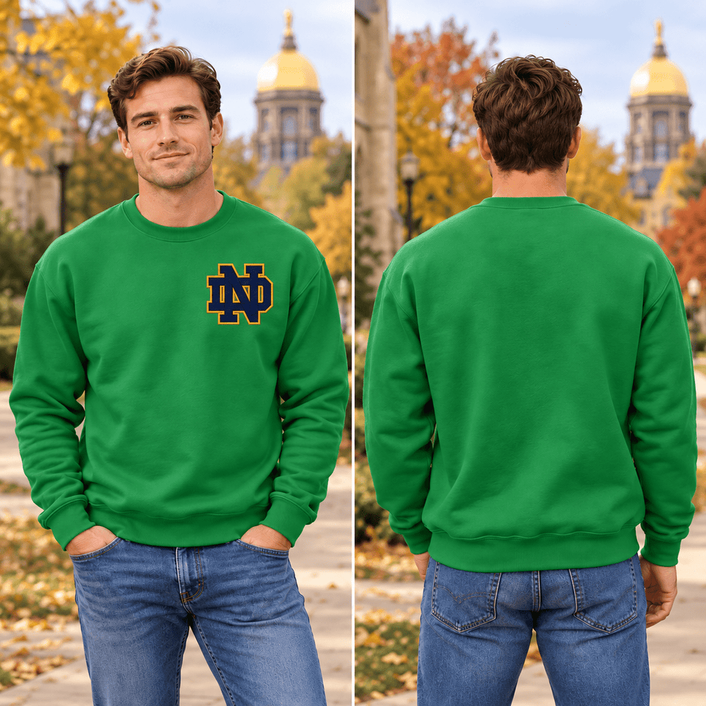 Male model with no jewelry wearing Irish Green Notre Dame Sweater with enlarged left-chest print