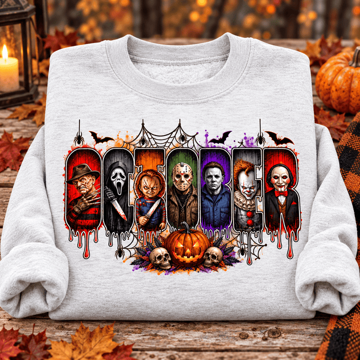 October Is Killer Halloween Crewneck Sweatshirt — folded product with design-related background