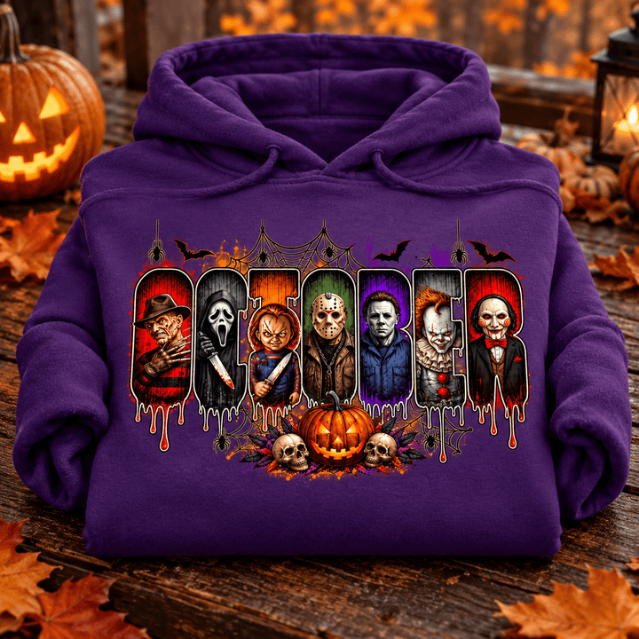 October Is Killer Halloween Hoodie — folded product with design-related background