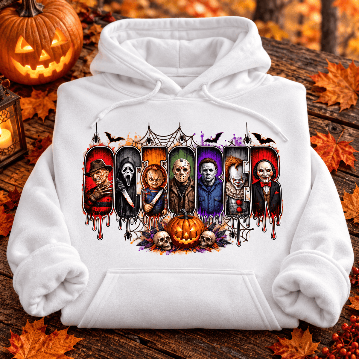 October Is Killer Halloween Hoodie — folded White with rolled sleeves and themed background