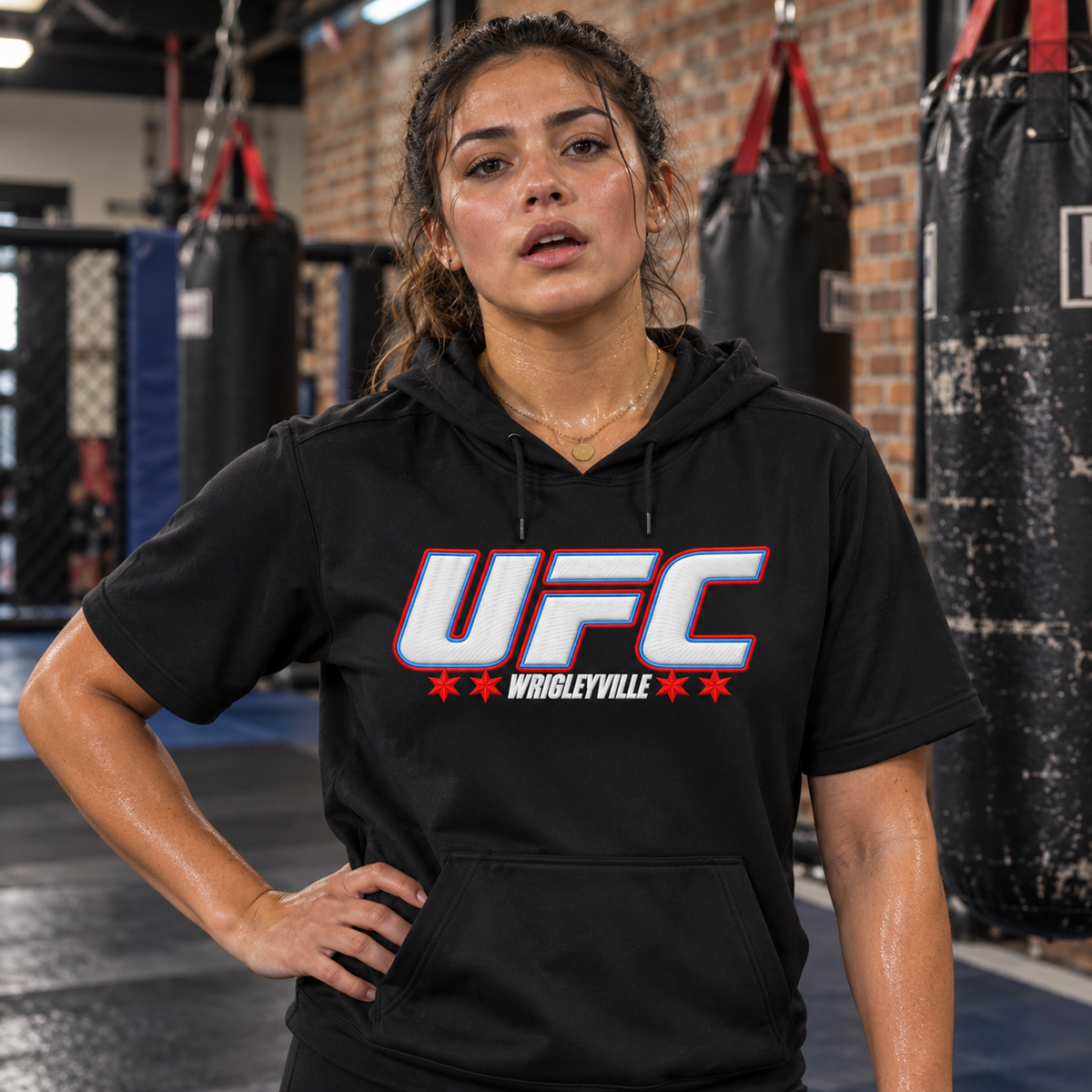 UFC Short Sleeve Hoodie — Black female workout model