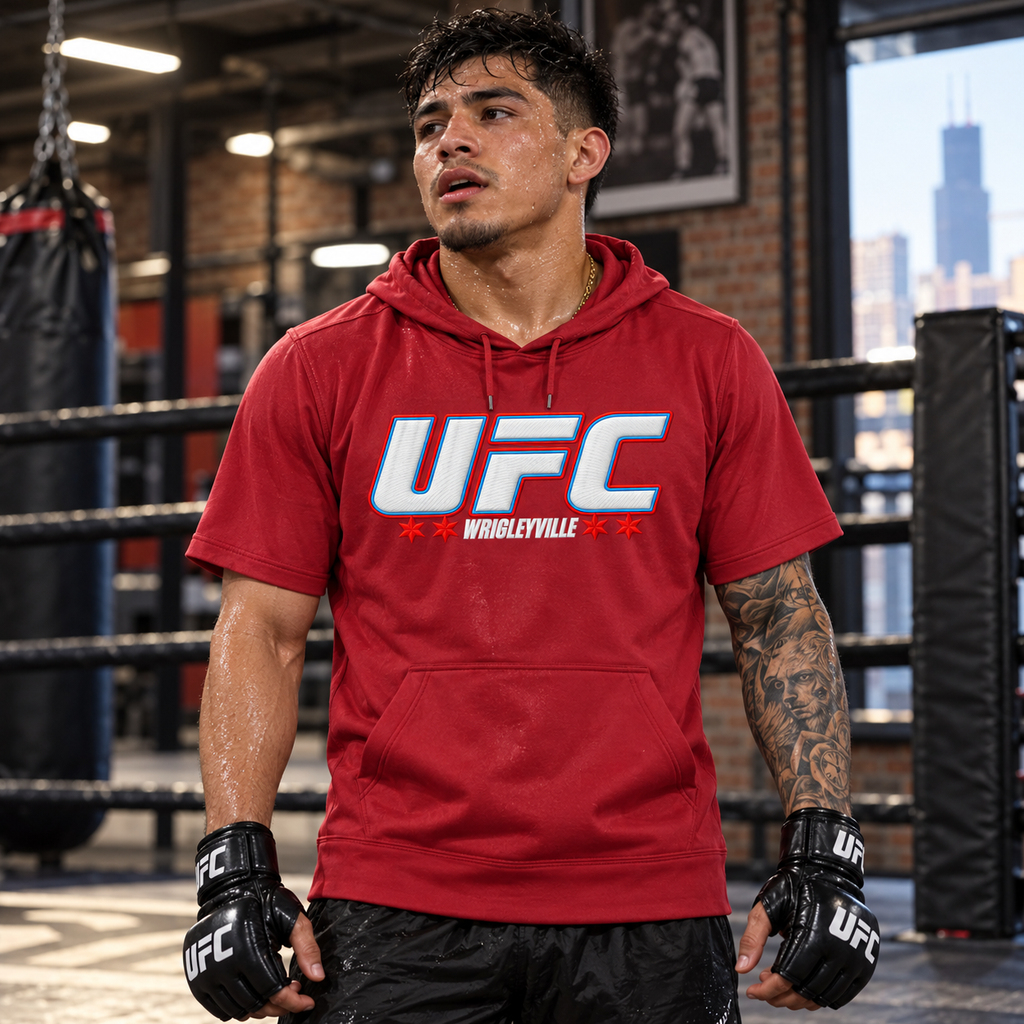 UFC Short Sleeve Hoodie — Deep Red male workout model