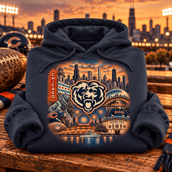 Vintage Chicago Bears Collage Hoodie — folded product with design-related background