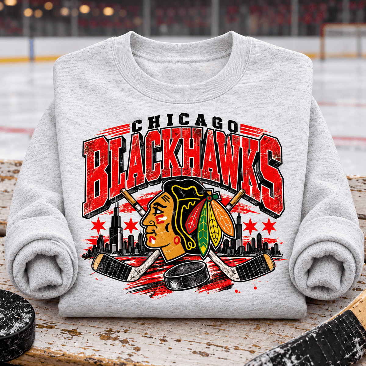 Vintage Chicago Blackhawks Crewneck Sweatshirt — folded product with design-related background