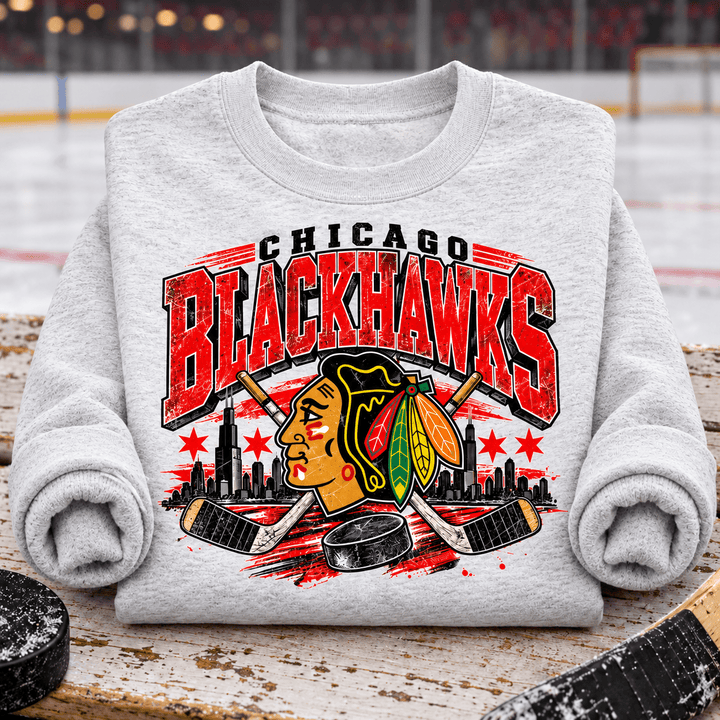 Vintage Chicago Blackhawks Crewneck Sweatshirt — folded product with design-related background