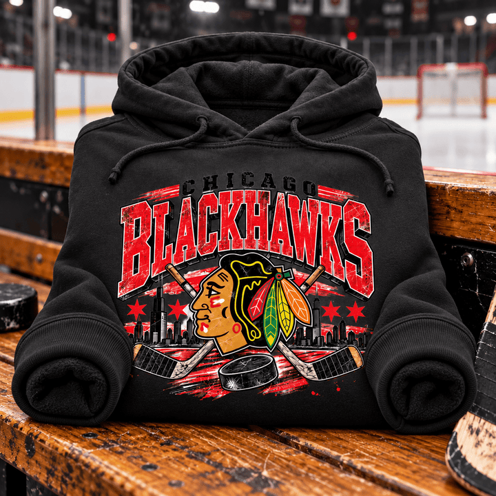 Vintage Chicago Blackhawks Hoodie — folded product with design-related background