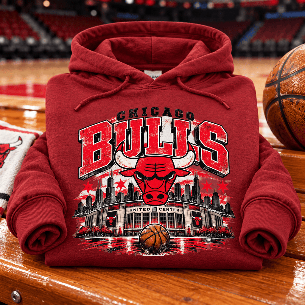Vintage Chicago Bulls Hoodie — folded Antique Cherry Red with rolled sleeves and themed background